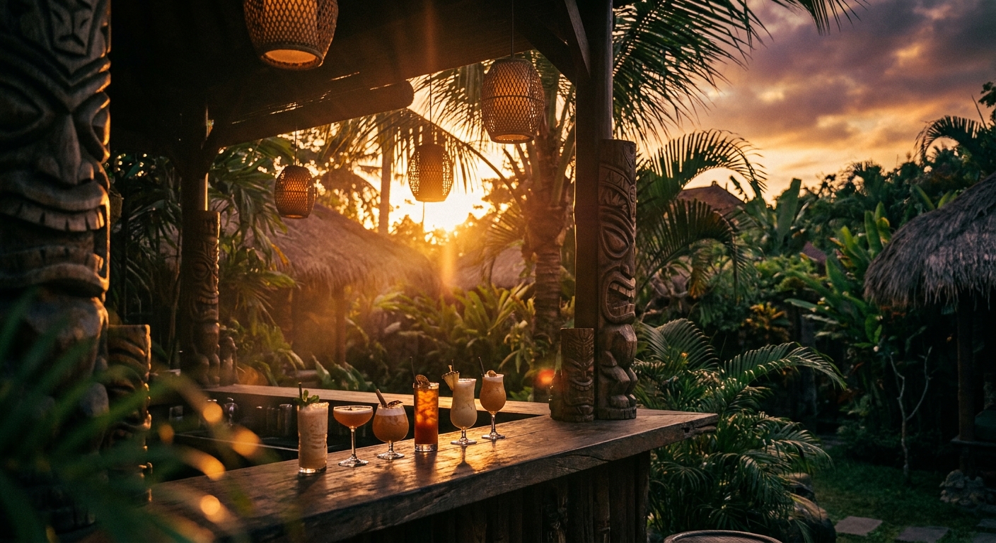Golden-hour tiki cocktails under the palms in Canggu