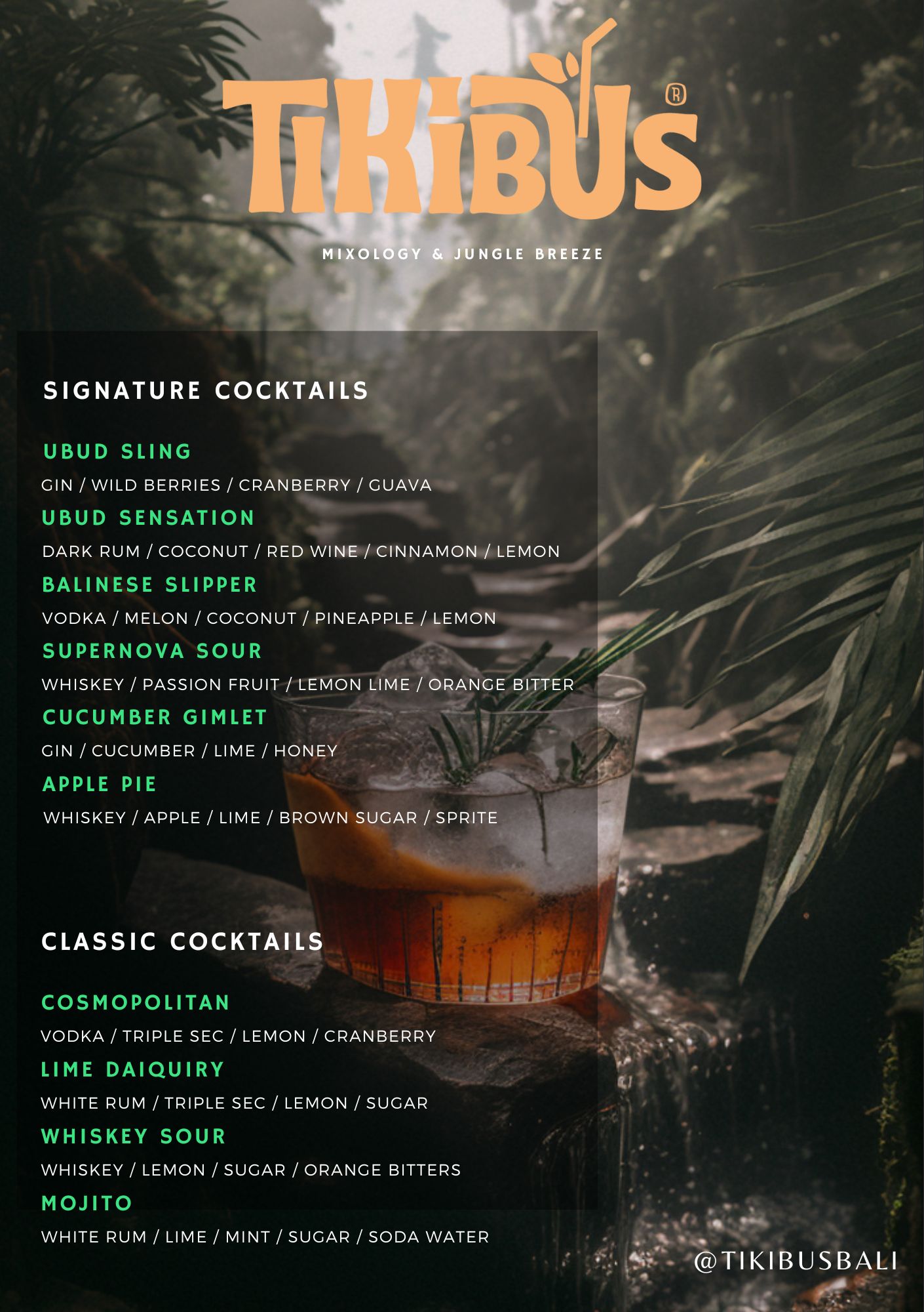 Tikibus Bali cocktail menu card — signature & classic cocktails