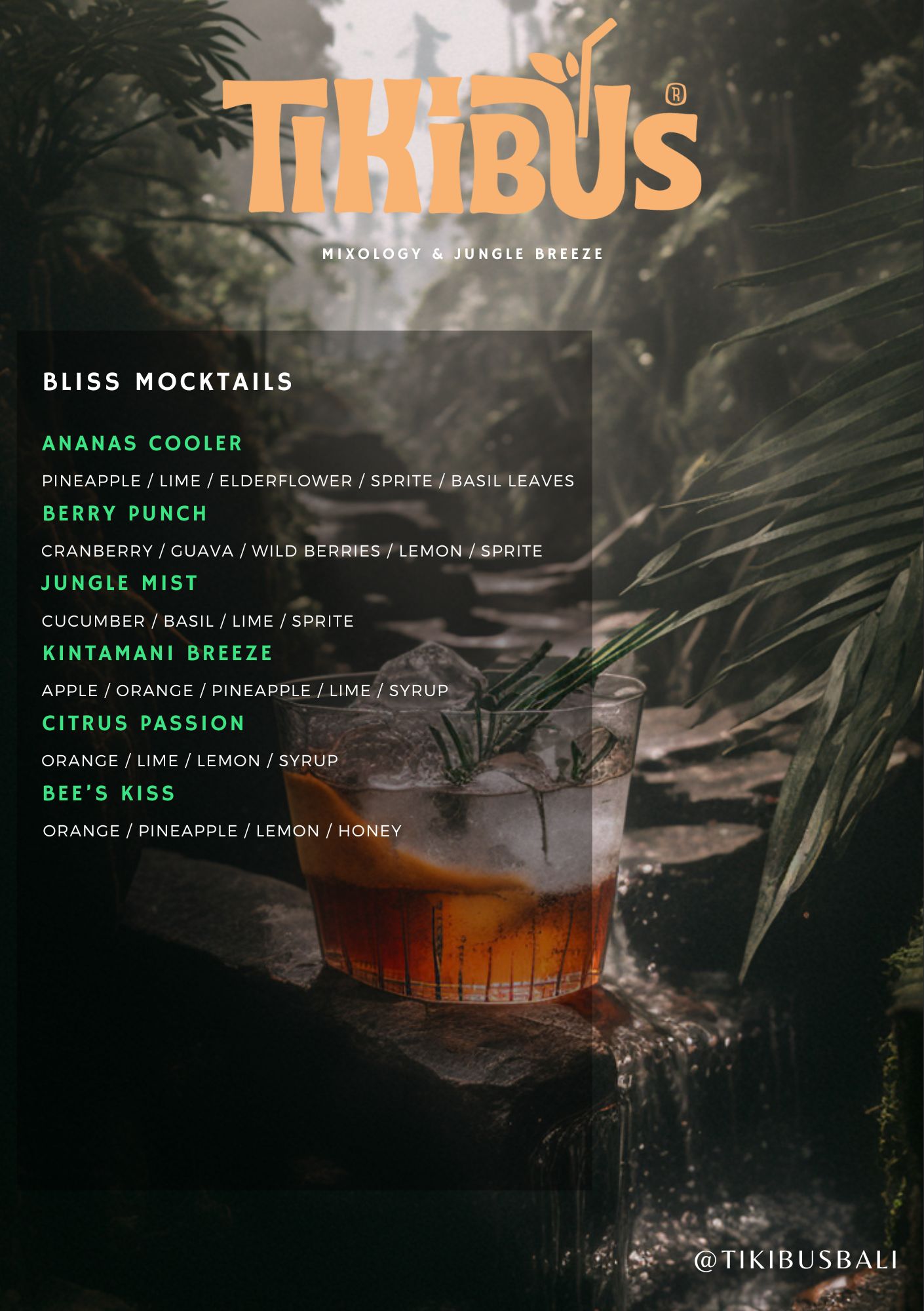 Tikibus Bali mocktail menu card