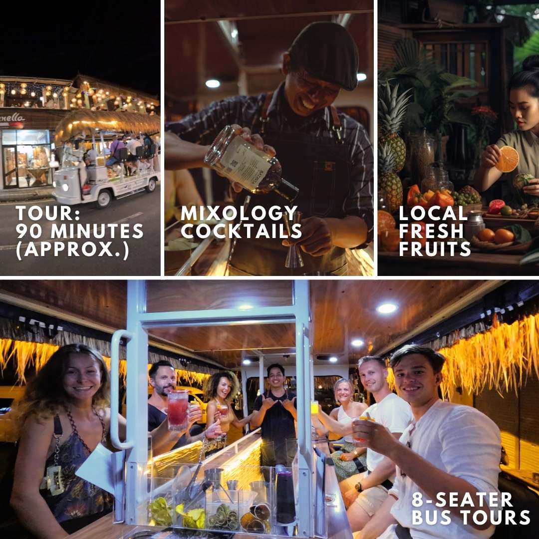 Tikibus Bali: 90-minute tour, mixology cocktails, local fresh fruits, 8-seater bus tours