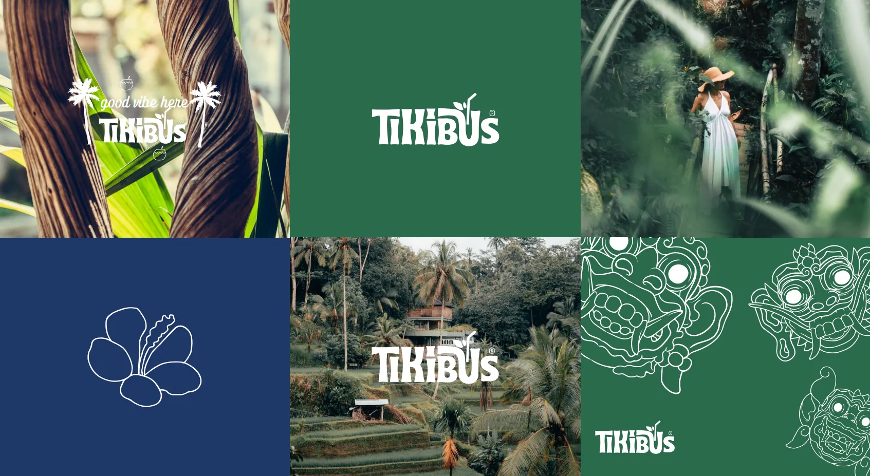 Tikibus identity board — the TIKIBUS logo, Balinese barong motifs and Bali jungle scenes